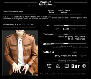 Tableau des tailles pour veste slim en similicuir pour hommes en noir et jaune terre