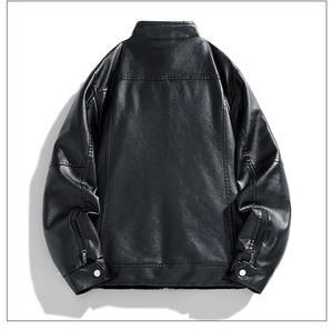 Back view of black slim-fit leather jacket with stand collar and zipper cuffs