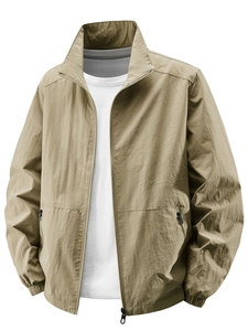 Men Casual Stand Collar Lightweight Jacket Windproof Nylon Zip Up Outerwear For Outdoor Daily Wear Solid Color Basic Coat