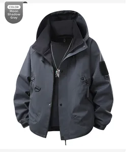 Detail of moonshadow grey waterproof jacket with adjustable drawstring hood and velcro cuffs