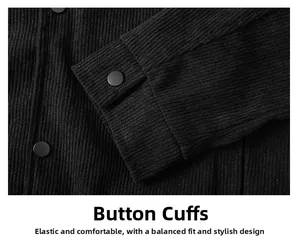 Detailed macro view of black corduroy fabric texture and elastic button cuffs on the jacket