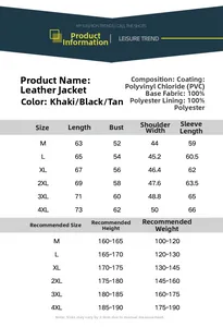Size chart for men's slim leather jacket with detailed measurements and body parameters