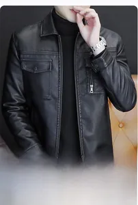 Detail of black faux leather jacket featuring lapel collar and chest pockets for men