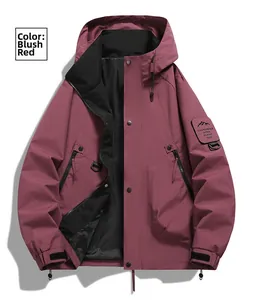 Detail of Rouge Red outdoor jacket showing hood drawstring and decorative arm patch