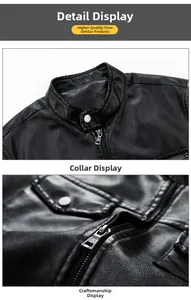 Close-up detail of black leather jacket featuring stand collar and metal zipper