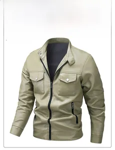 Detail of dark khaki motorcycle faux leather jacket with stand collar and zipper pockets