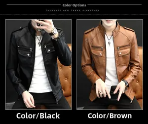 Détail d'une veste en simili cuir slim pour hommes en coloris noir et kaki