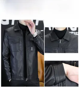 Detail of men's leather jacket showing faux fur lining, collar and zipper pockets