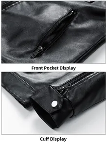 Detailed macro view of black PU leather jacket featuring chest zipper pocket and cuff buckle