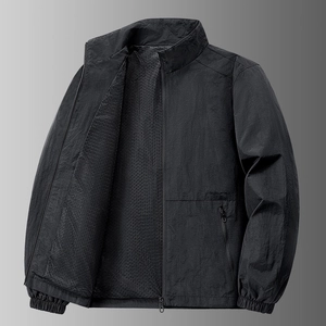 Men's casual black outdoor jacket with stand collar and breathable mesh lining