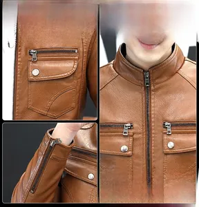Détail de double couture et fermetures éclair en métal argenté sur veste de motard brune