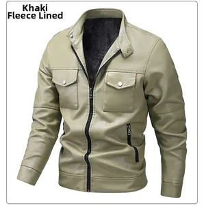 Detailed view of khaki leather jacket featuring a warm fleece lining and sturdy zipper