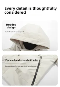 Detail view of the windproof hooded design and secure zipper pockets on the cream jacket