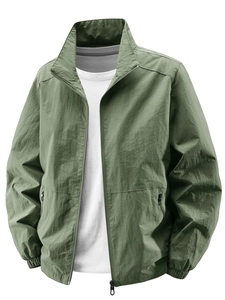 Men's army green lightweight waterproof windbreaker with stand collar and zipper pockets