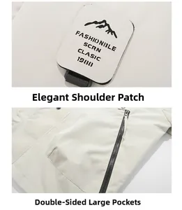 Detail view of beige outdoor jacket with mountain patch and functional zipper pockets