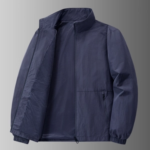 Men's navy blue lightweight outdoor jacket with stand collar and breathable mesh lining
