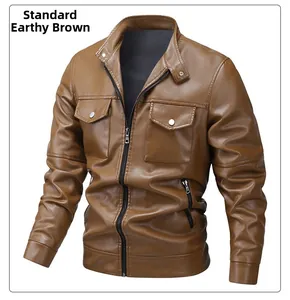 Detail view of khaki leather jacket featuring chest pockets and metallic zippers