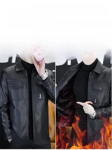Detail view comparing standard and fleece-lined interior of men black faux leather jacket