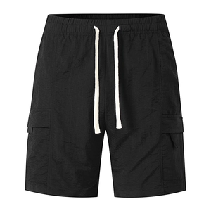 Men's black cargo shorts with breathable ice-silk fabric and drawstring waist