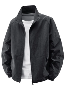 Men's lightweight black stand collar jacket with windproof fabric and full zip closure