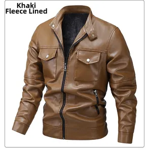 Detail of earth yellow leather jacket with warm fleece lining and sturdy metal zipper