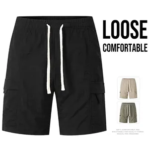 Men's loose cargo shorts with elastic drawstring waist and side flap pockets in black