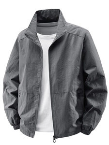Men's dark grey lightweight standing collar jacket with full zipper and water-resistant fabric