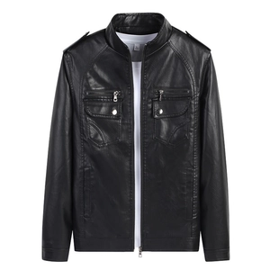 Men's black motorcycle faux leather jacket with stand collar and decorative zippers