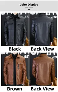 Front and back views of men's faux leather jackets in black and brown colors