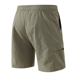 Men's olive nylon cargo shorts with elastic waist and tactical pocket design