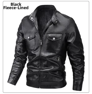Detail of slim fit black leather jacket with warm fleece lining and stand collar