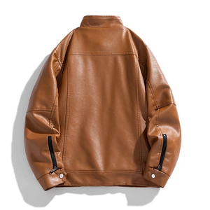 Slim fit brown PU leather jacket for men featuring a stand collar and back stitching