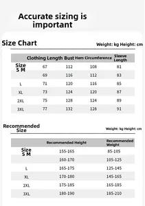 Detailed size chart for men's outdoor jacket showing length and bust measurements