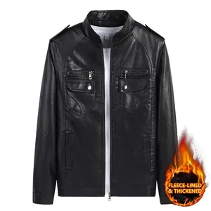 Men's black faux leather motorcycle jacket with warm fleece lining and stand collar