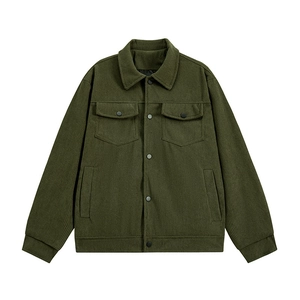 Army green corduroy jacket for men with retro utility cargo pockets and snap buttons