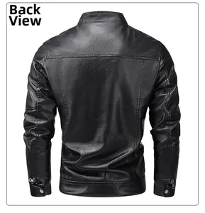 Detailed back view of men's slim fit faux leather jacket with texture and zippers