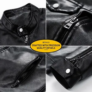 Slim fit black faux leather jacket with stand collar, metallic zippers, and buckled cuffs