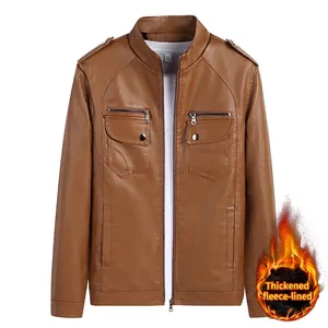 Men's brown faux leather motorcycle jacket with stand collar and warm fleece lining