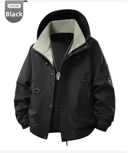 Detail view of black functional hooded jacket with windproof fabric and velcro cuffs