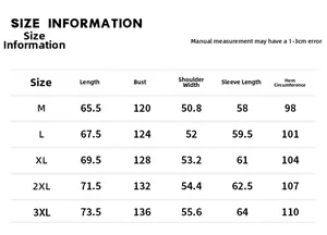 Size chart for men's work jacket with detailed length, chest, and shoulder measurements