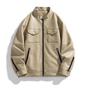 Veste en Cuir PU pour Homme avec Col Montant Décontracté Moto Outwear Couleur Unie Manteau à Fermeture Éclair Automne Hiver