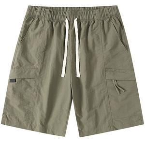 Men's nylon cargo shorts in olive green with elastic drawstring waist and side pockets