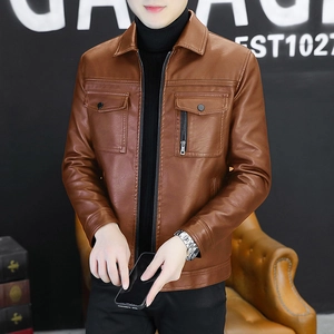 Men's brown faux leather motorcycle jacket with stand collar and functional pockets