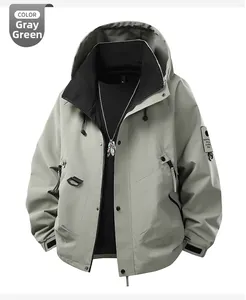 Detail view of gray-green hooded windbreaker jacket with adjustable cuffs and multi-pockets