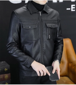 Detail view of men's black faux leather biker jacket with double chest flap pockets