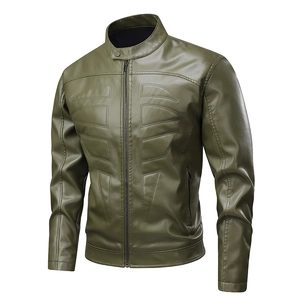 Men's retro military green faux leather biker jacket with stand collar and zipper