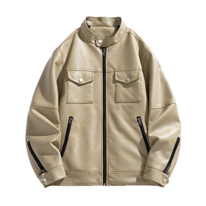 Men's slim fit PU leather motorcycle jacket in beige with stand collar and chest pockets