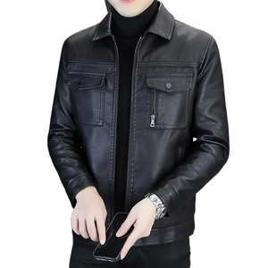 Men's black PU leather motorcycle jacket with stand collar and metallic zipper detail