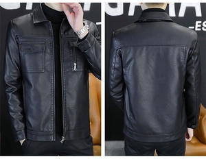 Detailed front and back view of a slim fit black faux leather biker jacket with multi-pockets