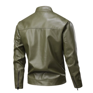 Men's retro olive green faux leather biker jacket with stand collar and back stitching
